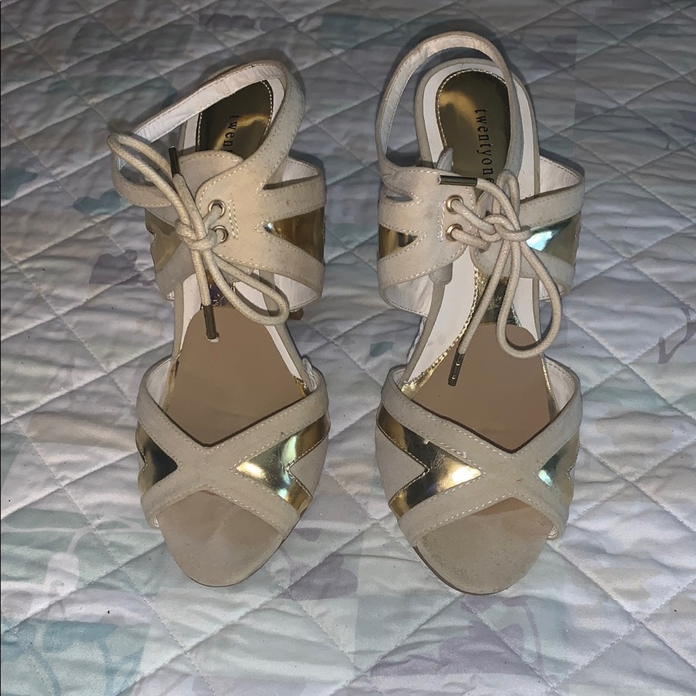 Twentyone Cream and Gold Ankle-Wrap Sandals